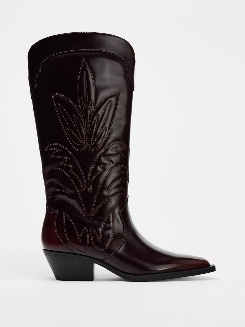 Zara Embroidered Cowboy Boots Burgundy Red US 8 EU 39